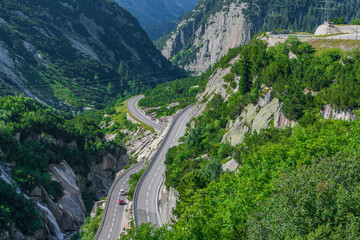 Road in the mountains. Everything around is green