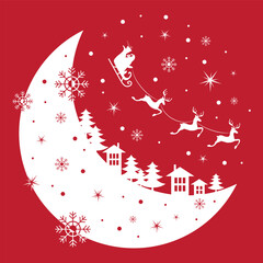 Christmas and new year reindeer with santa claus on a sleign. Moon, snowflakes, houses and christmas trees background. Vector illustration.