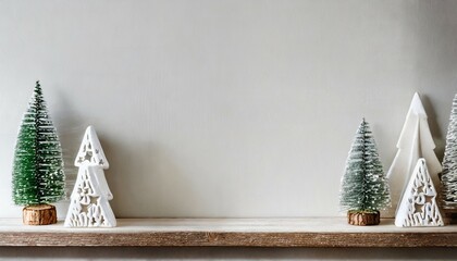 a white wall banner background with copy space and white christmas house decor featuring trees on a wood shelf