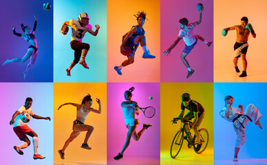 Collage with different young people, men and women, athletes of different sports in motion over...