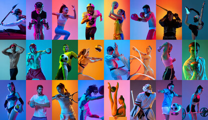 Collage. Athletic young people training, practicing different kind of sports over multicolored background in neon light. Concept of professional sport, competition, championship, action