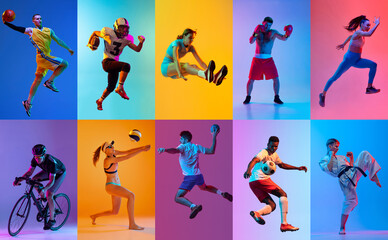 Collage. Dynamic image of different people, athletes of diverse kind of sports in motion, practicing over multicolored background in neon light. Concept of sport, competition, championship, action - Powered by Adobe