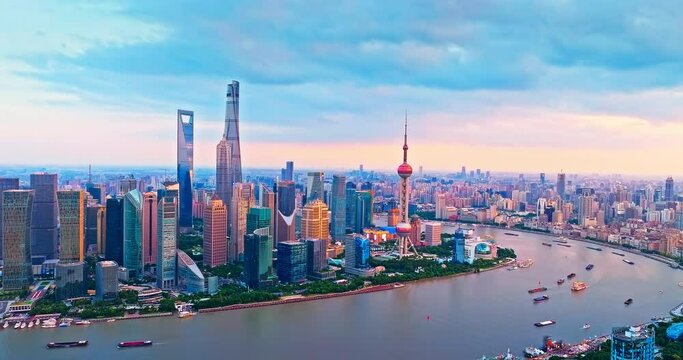 Aerial shot of Shanghai city financial district skyline and natural scenery in China. Creative category video without architectural logos