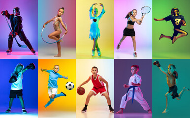 Collage. Children, boys and girls training, practicing different kind of sports over multicolored background in neon light. Concept of professional sport, competition, championship, action