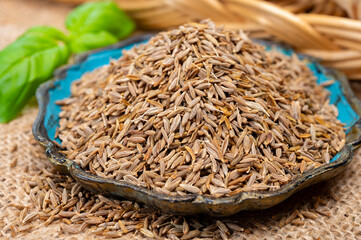 Herbs and seeds collection, aromatic dried seasoning cumin close up