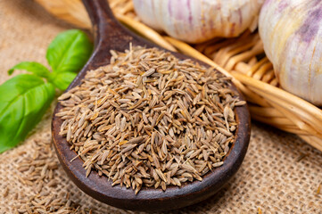 Herbs and seeds collection, aromatic dried seasoning cumin close up