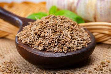 Herbs and seeds collection, aromatic dried seasoning cumin close up