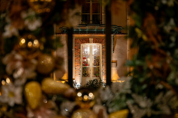 Christmas and New Year street decoration, round Christmas wreath hanging on metal gates, illuminated glass door at night, Epernay, Champagne, France