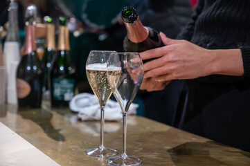 Tasting of sparkling wine champagne on winter weekend festival in December on Avenue de Champagne, Epernay, Champagne region, France