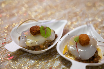 Degustation appetisers for visitors made by great chefs of high cuisine French restaurants, winter festival, Avenue de Champagne, Epernay, France