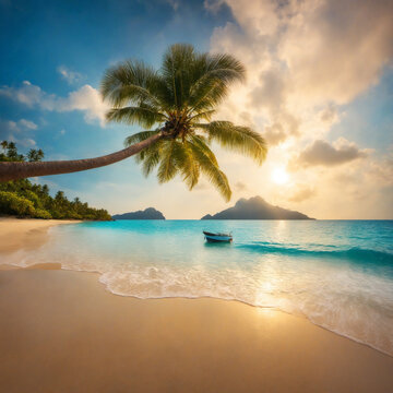 picture of a tropical beach with a palm, the ocean, an atmospheric sky and a boat