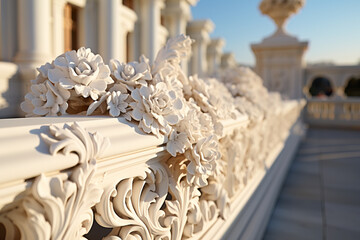 Warm sunlight graces an ornate marble balustrade with intricate floral patterns, showcasing classical elegance.