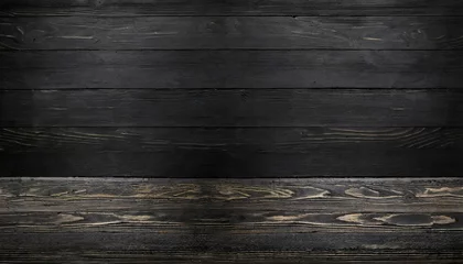 Zelfklevend Fotobehang black background aged wood texture seamless background dark wooden table © Raymond