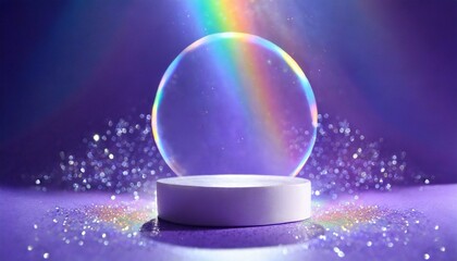abstract minimal scene empty stage circle podium on purple background with rainbow crystal light refraction sparkles pedestal for cosmetic product and packaging mockups display presentation