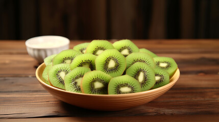 A bowl of kiwi fruit slices on wooden table, Kiwi Fruit, Cutting, Snack, Green Color. generative ai