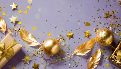 golden decorations and sparkles on pale purple background