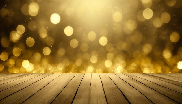 Abstract Gold Background With Blur Bokeh Light Glitter Glow Magical Moment Luxury Atmosphere On Wood Ground Stage Generative Ai