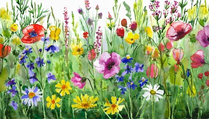 Obraz na płótnie Canvas multicolored wildflowers watercolor field drawing summer generative ai