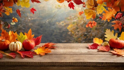 Naklejka na ściany i meble autumn background with wooden table and colored fall leaves composition with copy space