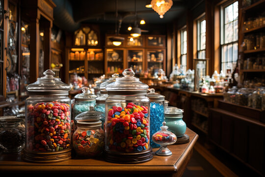 Colorful candies in glass jars on wooden shelves inside a vintage candy shop with warm, cozy lighting.