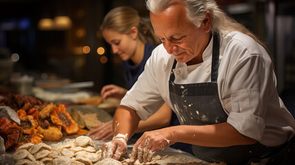 An experienced chef and a young apprentice prepare dough together in a warm-lit commercial kitchen.