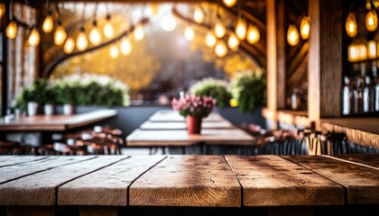 empty rustic bar restaurant cafe wooden table space platform with defocused blurry pub interior sunny weather autumn summer spring warm cozy house cottage core mockup product display background - Powered by Adobe