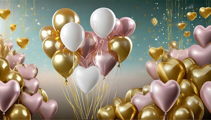 set balloon air balloons heart shape on a background pink gold white balloons helium balloons bunch of metallic balloons