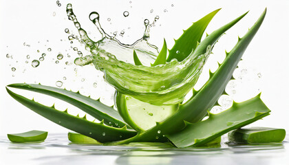 Aloe vera gel splash with aloevera plant isolated on white background. - obrazy, fototapety, plakaty