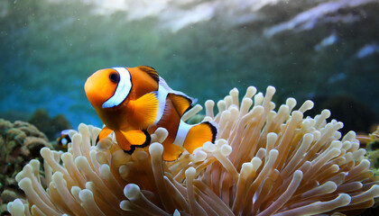Naklejka na ściany i meble Amphiprion ocellaris clown fish and anemone in the sea