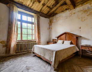 An old bedroom with a bed and a window