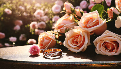 Beauty of gold ring and rose wedding celebration, jewelry with romantic flowers, luxurious table background, love and romance on beautiful anniversary and valentine's day - obrazy, fototapety, plakaty