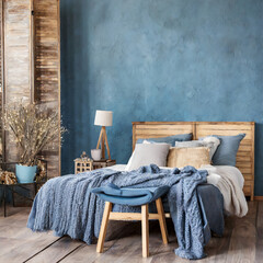 Bedroom interior with blank textured blue wall. Wooden vintage furniture, cozy plaid. Country house in rustic style.
