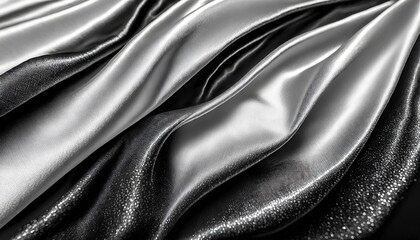 Fototapeta premium Black white silk satin fabric abstract background. Drapery fold crease wavy crumpled. Light shiny glitter shimmer shine. Luxury beauty rich. Sexy. Fluid flow liquid effect. Design