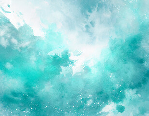 Fototapeta na wymiar Blue turquoise teal mint cyan white abstract watercolor. Colorful art background. Light pastel. Brush splash daub stain grunge. Like a dramatic sky with clouds. Or snow storm cold wind frost winter