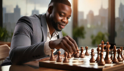 Businessman moving chess piece on chess board game - obrazy, fototapety, plakaty