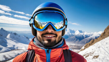 Fototapeta na wymiar Close Up Of The Ski Goggles Of A Man With The Reflection Of Snowed Mountains. Man In The Background Blue Sky. Winter Sports.