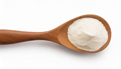 Collagen or milk protein powder in wooden spoon isolated on white background, top view, flat lay, clipping path.