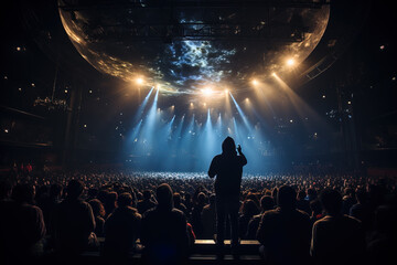 Silhouetted performer on stage with expansive crowd under bright stage lights at a vibrant indoor...