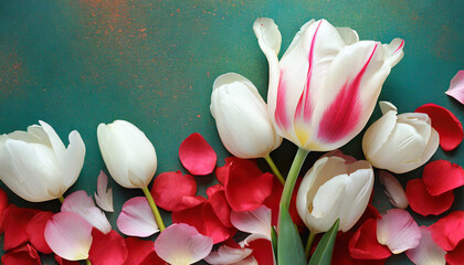 copy space on a Beautiful valentine composition spring flowers, white tulip and rose petals