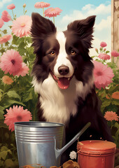 illustration of a Border Collie dog in the garden