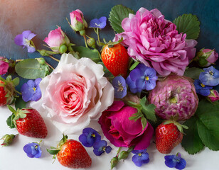Obraz na płótnie Canvas copy space on a Beautiful valentine composition spring flowers. strawberry purple and pink rose