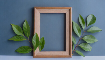 Empty wooden picture frame and green leaves; minimal art concept