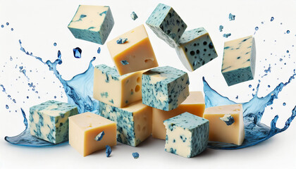 Falling blue cheese cubes isolated on white background, full depth of field
