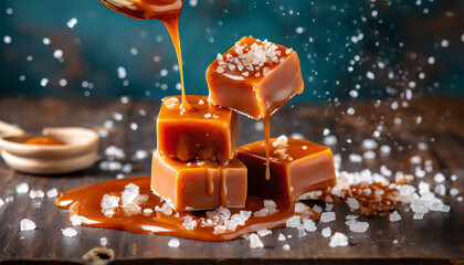 Flying salty caramel candy topped with salt crystals and pouring caramel sauce