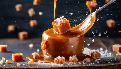 Flying salty caramel candy topped with salt crystals and pouring caramel sauce - obrazy, fototapety, plakaty