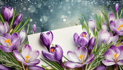 floral romantic card with purple crocus flowers and copy space