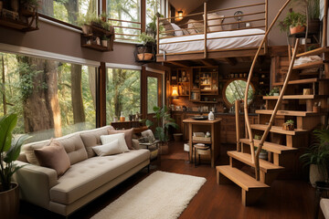 Fototapeta premium Modern rustic cabin interior with cozy living space, forest view, and wooden bunk bed accessed by staircase.