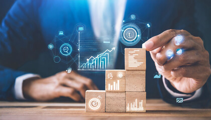 Hand holding woodblock analysis portfolio management, Steps planning for development and business concept. fintech marketing plan designer