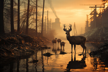 Silhouetted deers stand against a post-apocalyptic industrial backdrop, with golden light reflecting on water amidst desolation.