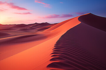 Sunset over desert sand dunes with warm orange hues casting shadows on the arid landscape, reflecting tranquility and vastness.